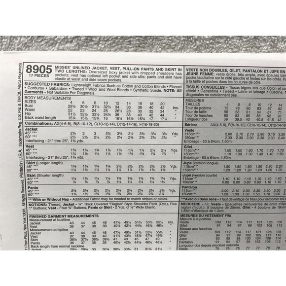 McCall's 8905 Misses' Unlined Jacket, Vest Pants Skirt Sewing Pattern Size 12-16 - Picture 3 of 7